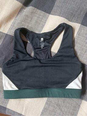 Senita Athletics Black Sports Bra with Green Band and White Panels